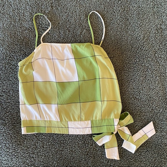 Beth Bowley Tops - Silk Halter Crop Top Lime Green Print Plaid Summer Tube with Straps Y2K bow tie